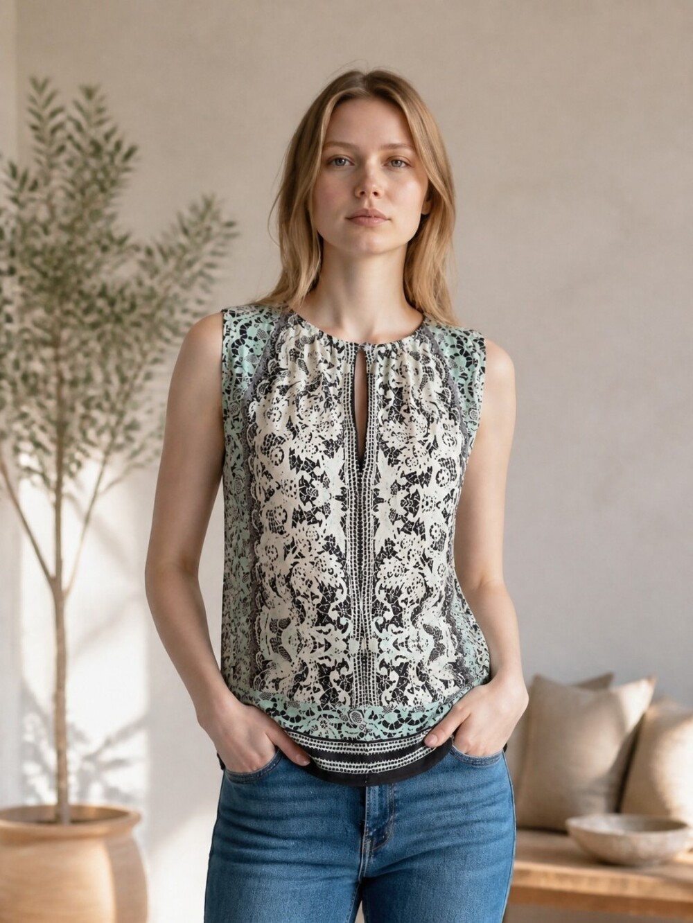 Lace-Print Sleeveless Camisole in Mint and Cream